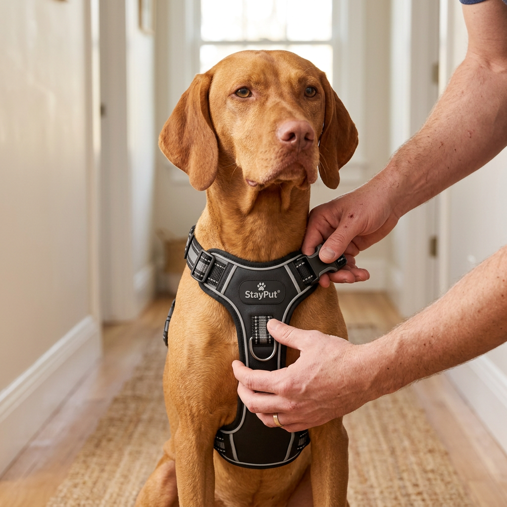 Numbered how-to card · FIT / CLIP / WALK · MEASURE HIS CHEST · HARNESS AND COLLAR · NOTHING EXTRA