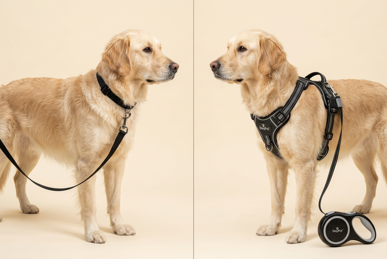 ✓/✗ comparison card · HARNESS ALONE · HARNESS + A CLIP YOU RIG · THE WALK KIT · STILL HELD IF IT COMES OFF